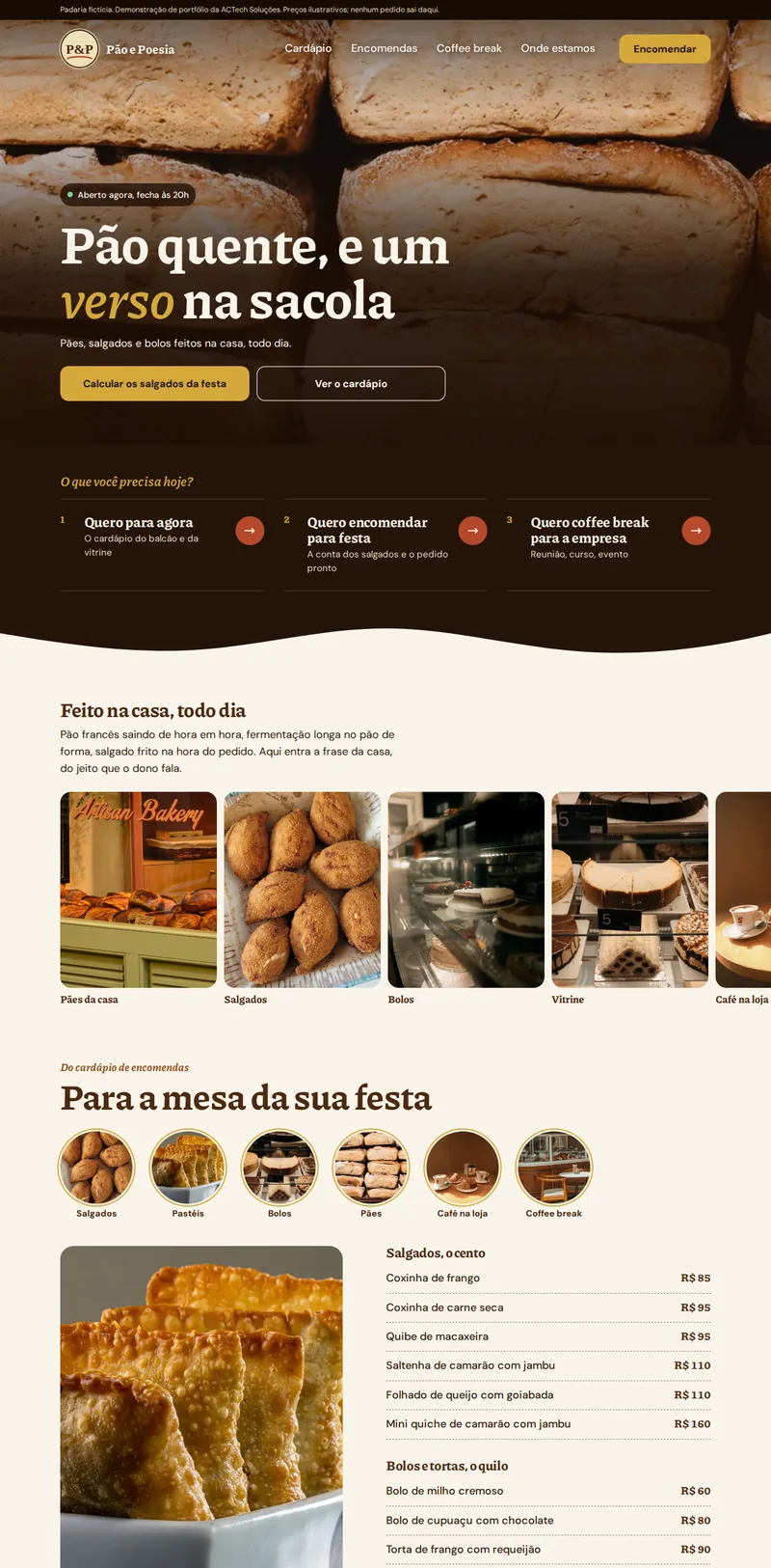 Pão e Poesia: Visualização da demonstração na versão para esta vitrine, sem a identificação da cidade e com telefone de exemplo zerado.