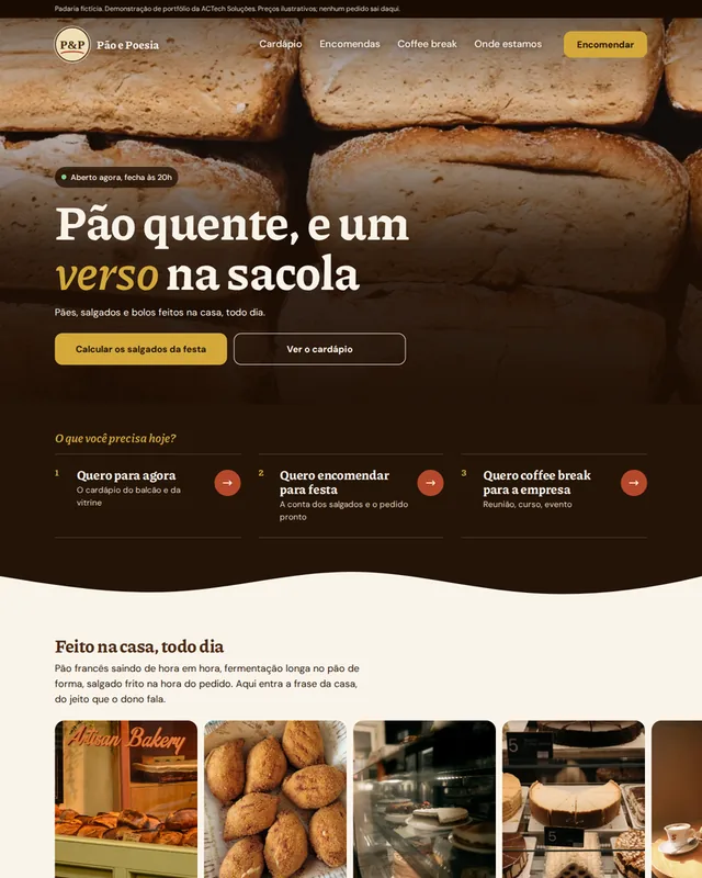 Pão e Poesia: Visualização da demonstração na versão para esta vitrine, sem a identificação da cidade e com telefone de exemplo zerado.
