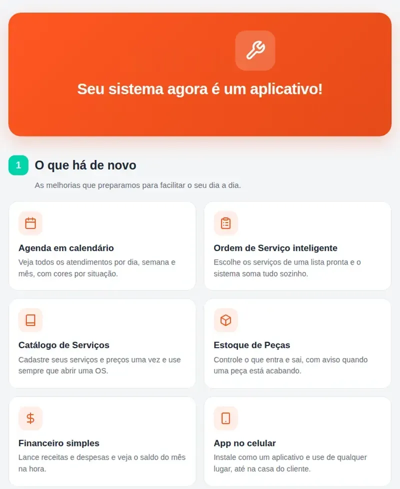 Sistema AC: Página de novidades do aplicativo, feita pela ACTech para o cliente. Recorte só com as funções: o endereço do sistema e as frases de divulgação foram retirados.