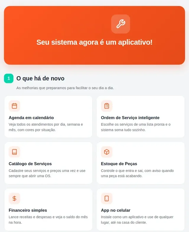 Sistema AC: Página de novidades do aplicativo, feita pela ACTech para o cliente. Recorte só com as funções: o endereço do sistema e as frases de divulgação foram retirados.